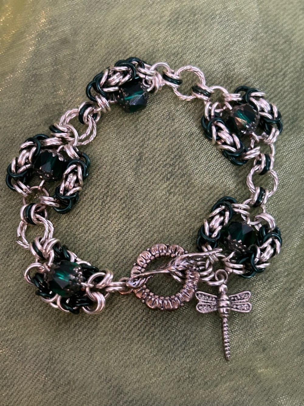 Hand Crafted Silver & Emerald Green Beaded Dragonfly Bracelet